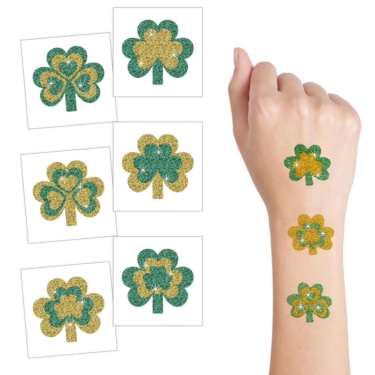 4E's Novelty Glitter Shamrock Temporary Tattoos, 24 Pack, St. Patrick's Day Tattoos, Party Tattoos for Kids Accessories